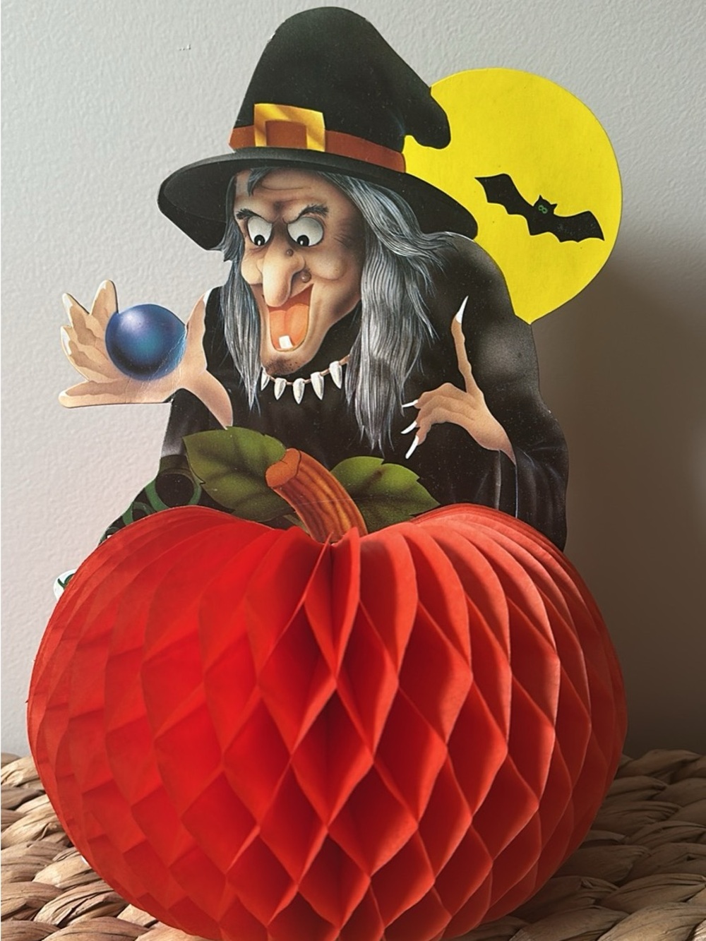 Vintage 1980s Halloween Witch Die Cut Cardboard Honeycomb Centerpiece Decoration